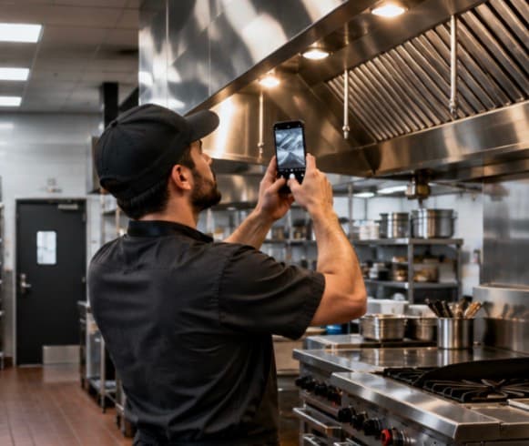 Kitchen technician documenting a stainless commercial vent hood